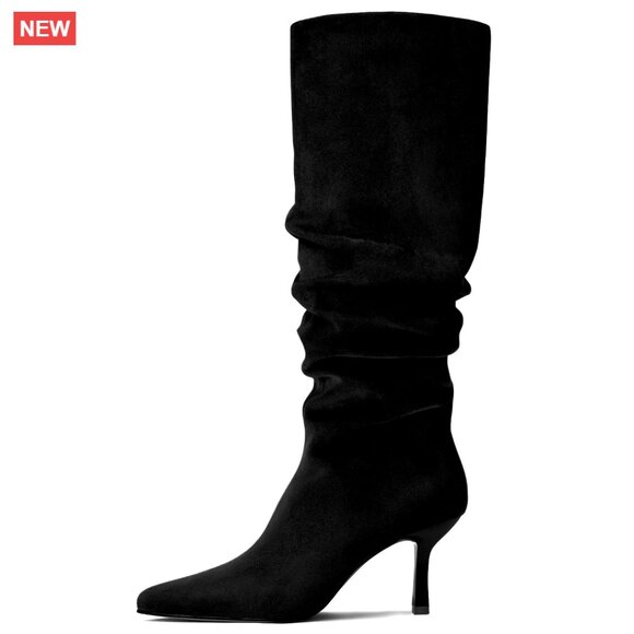Shoes - Knee High Boots Suede Pointed Toe Kitten Heel Pull On Zipper Fall Winter